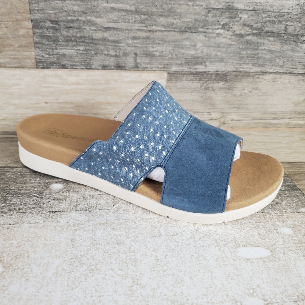 Spenco Dawn Womens Slide Sandals Sz 9.5 D Blue Ostrich Suede Slip On Open Toe
